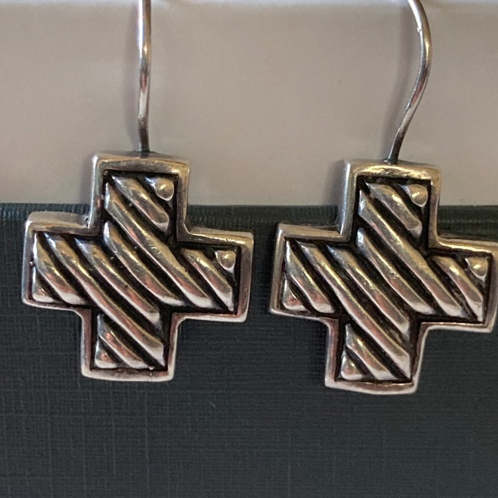 SB sterling silver woven look cross dangle earrings